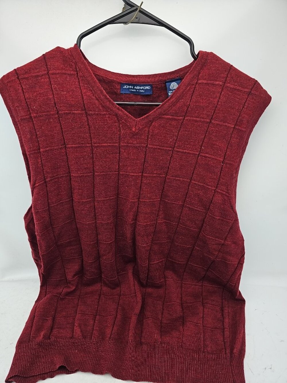 John Ashford Burgundy Merino Wool Grid Sweater Vest